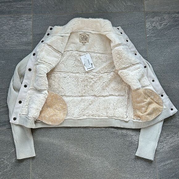 NWT Chaser Faux Suede Faux Fur Sweater Sleeve Snap Bomber Jacket w/ Pockets M - Picture 12 of 15